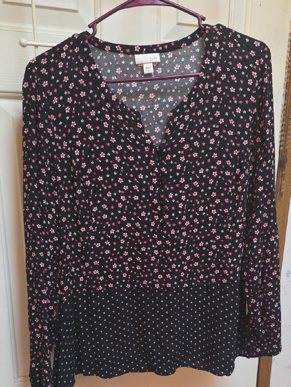 J. Jill Black Blouse with Pink and White Floral Print